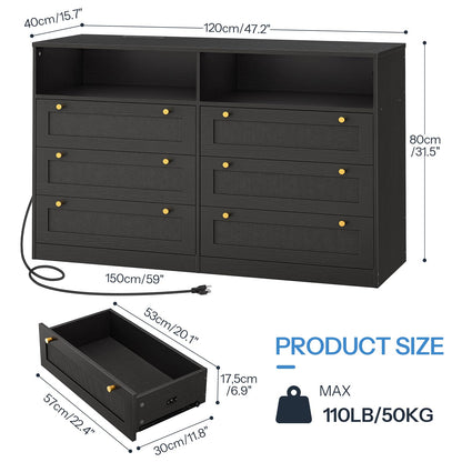 HOOBRO 6 Drawer Dresser with LED Lights and Charging Station, Black Rattan Dresser for Bedroom, Rattan Chest of Drawers,15.7" Wide LED Dresser, with Open Storage, Wooden Dresser for Closet, Black