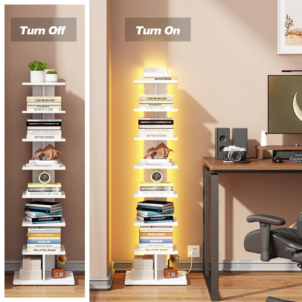 TUTOTAK Narrow Bookshelf, 8-Tier Bookcase with LED Lights, Spine Book Shelf for Small Space, Corner Standing Shelf for Living Room, Office, Study, Entryway, White BS06BW008L TUTOTAK