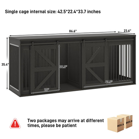 87In Farmhouse Dog Crate TV Stand, Wooden Dog Kennel Furniture with Sliding Metal Mesh Barn Door, Large Dog Crate Furniture for 2 Dogs, Solid Metal Tube & 2 Lockable Doors, Black jiteentarou