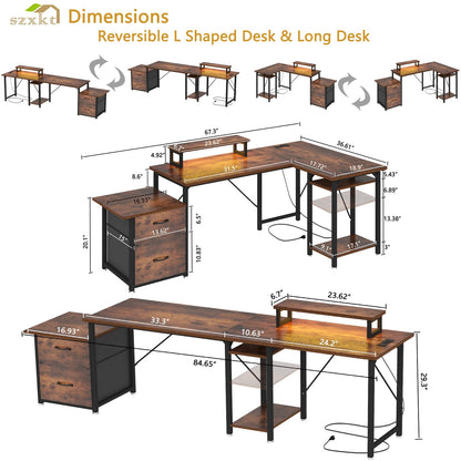 SZXKT L Shaped Desk with Drawers, Gaming Desk, Corner Computer Desk with Storage and Power Outlet,Reversible U Shaped Work Pc Desk for Home Office with Monitor Stand 2 Person Long Desk 67 Inc - WoodArtSupply