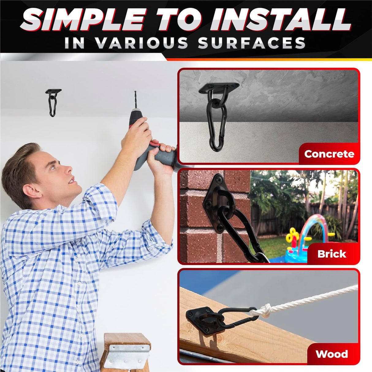 [Upgraded] 1700 lb Capacity 2PCS M10 Stainless Steel Pad Eye Hooks+2PCS 10MM Snap Hook + 8PCS Heavy Duty Screws for Hammock Hanging Kit, Swing Hanging, Wall/Ceiling Mount, Indoor & Outdoor PAMAZY