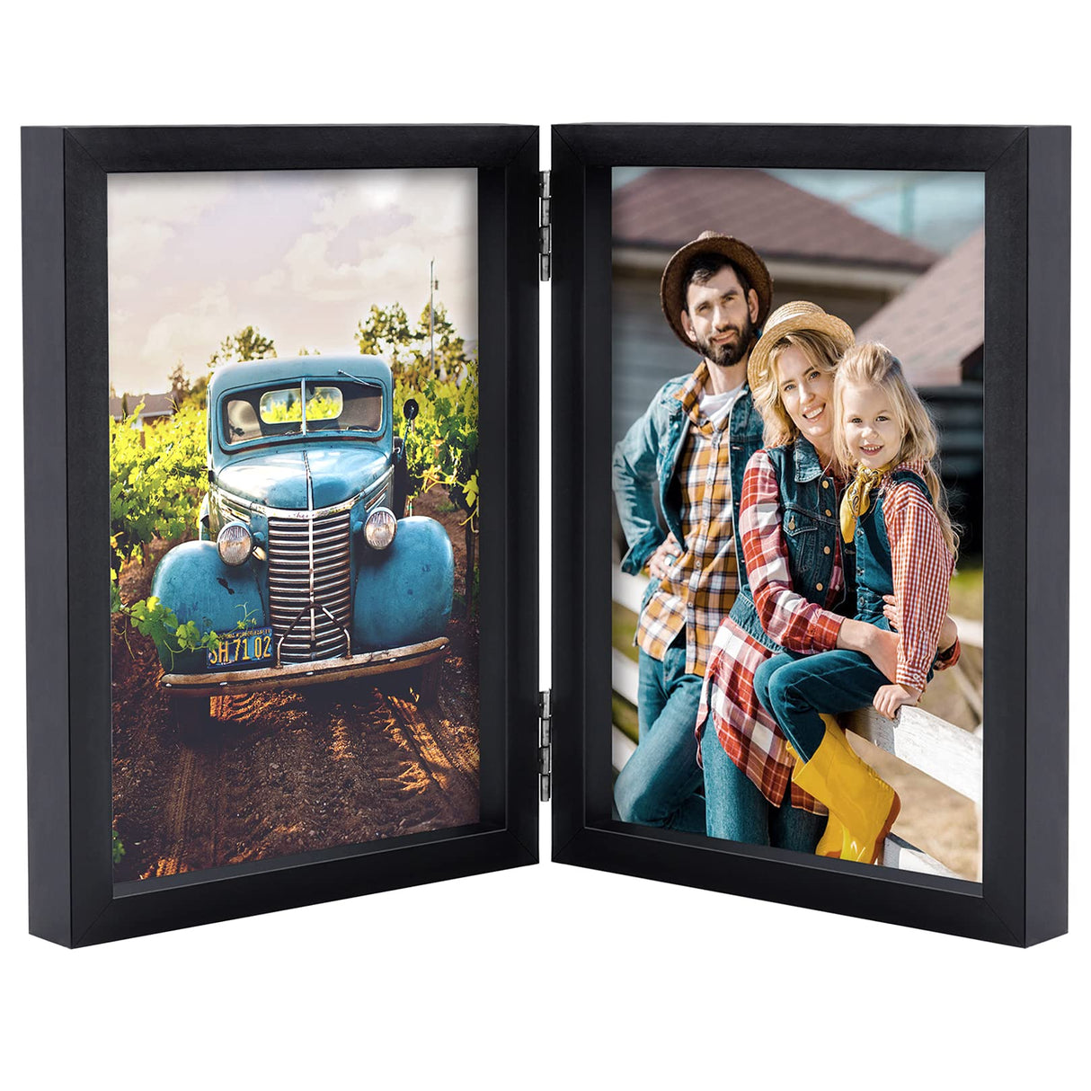 AEVETE 5x7 Picture Frames Double Hinged Wood Folding Photo Frames Vertical with Real Glass Front, Black AEVETE