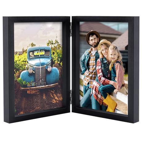 AEVETE 5x7 Picture Frames Double Hinged Wood Folding Photo Frames Vertical with Real Glass Front, Black AEVETE