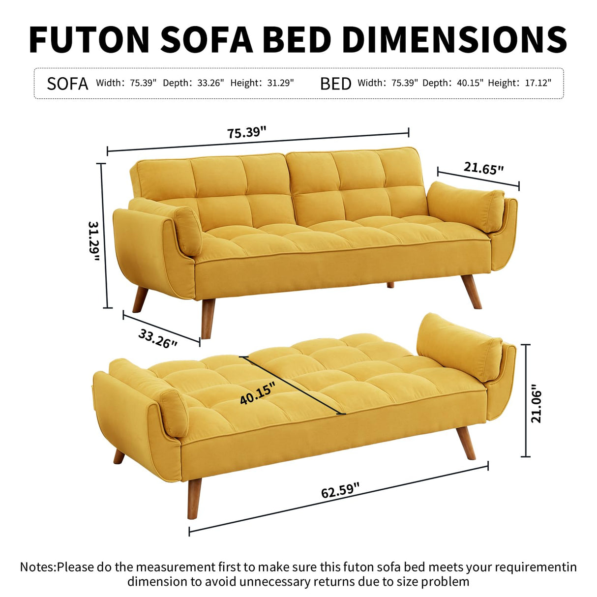 Homies Life Convertible Futon Sofa Bed, Linen Sleeper Couch, 75" W Modern 3 Seater Tufted Sofa with Adjustable Backrests and Solid Wood Legs for Small Spaces, Living Room, Bedroom, Golden Yellow Homies Life