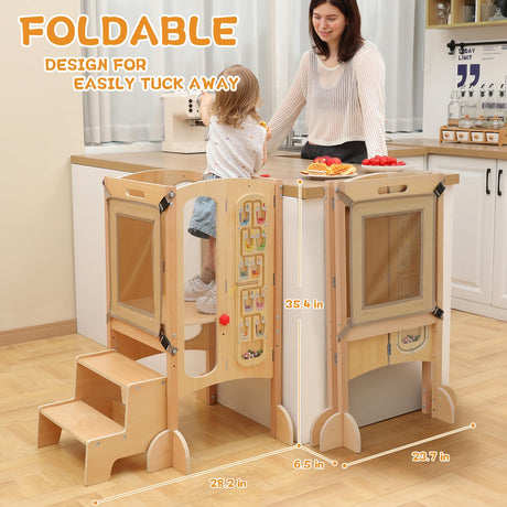 JUZBOT Toddler Tower, Foldable Toddler Kitchen Stool Helper with 2 Step Stool, Wooden Toddler Stool with Safety Net, Adjustable Height, Chalk-Whiteboard& Montessori Activity Games JUZBOT