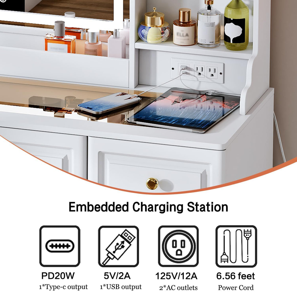 Arulvmrn 42" Makeup Vanity Desk with Mirror and Lights, & Power Outl, Glass Top Big Vanity Table with 9 Drawers& 8 Storage Shelves, Dressing Table Set with Chair for Bedroom, White Arulvmrn