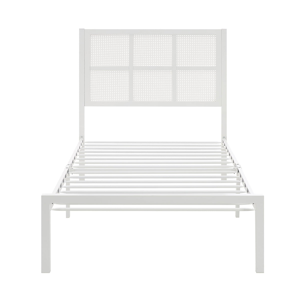 Lexicon Metal Bed Frame with Rattan Headboard, Metal Platform Bed with Strong Metal Slat Support Under Bed Storage, Boho Faux Cane Bed, Mattress Foundation No Box Spring Needed, Twin Bed, White Lexicon