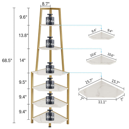 VECELO 6 Tier Corner Shelf 69 Inch Industrial Bookshelf with Metal Frame, Multipurpose Tall Plant Stand with Opening Display Shelves for Living Room, Bedroom, Home Office, Small Space, Gold