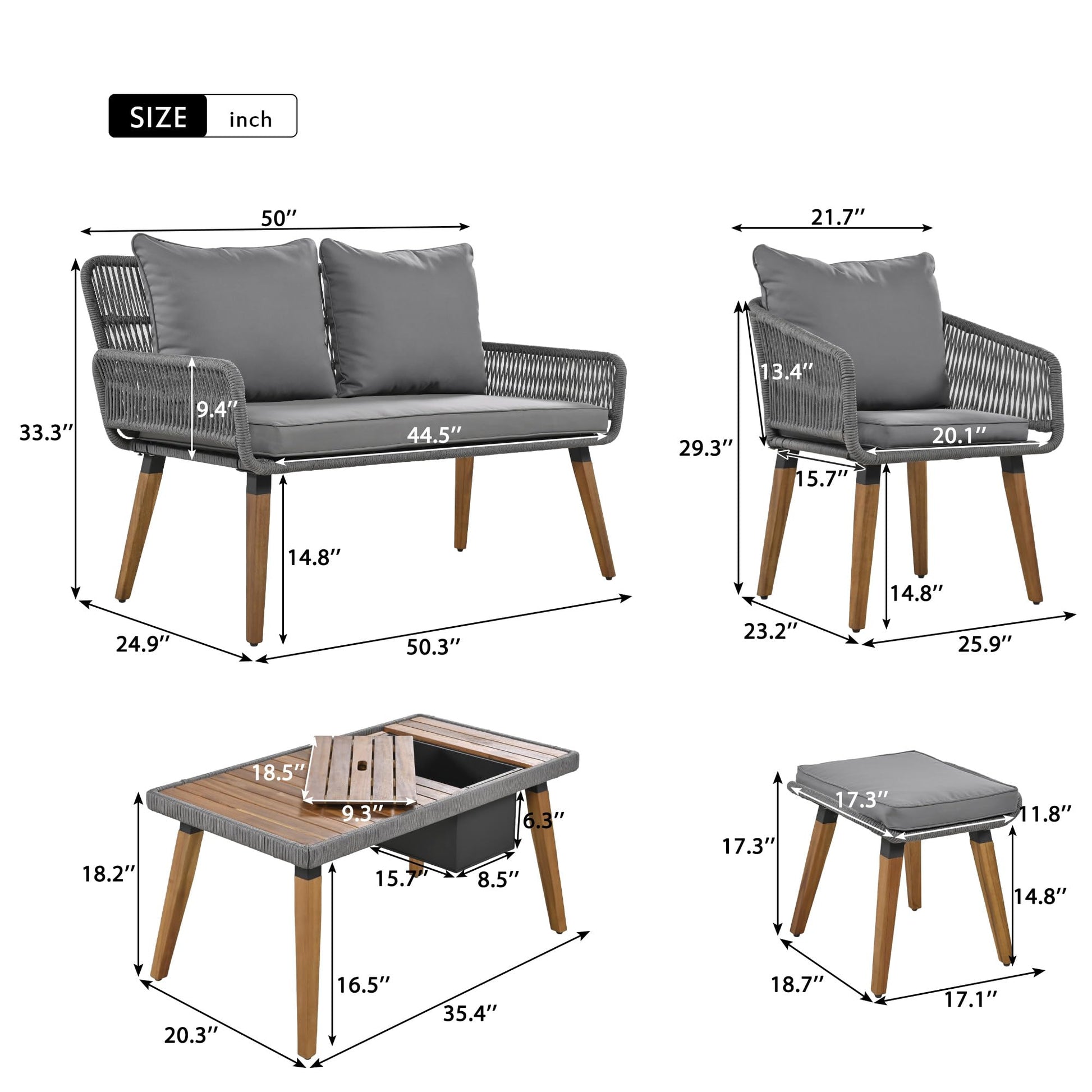 LUMISOL 6-Piece Grey Patio Furniture Set with Acacia Wood Cool Bar Table and Rope Seating - WoodArtSupply