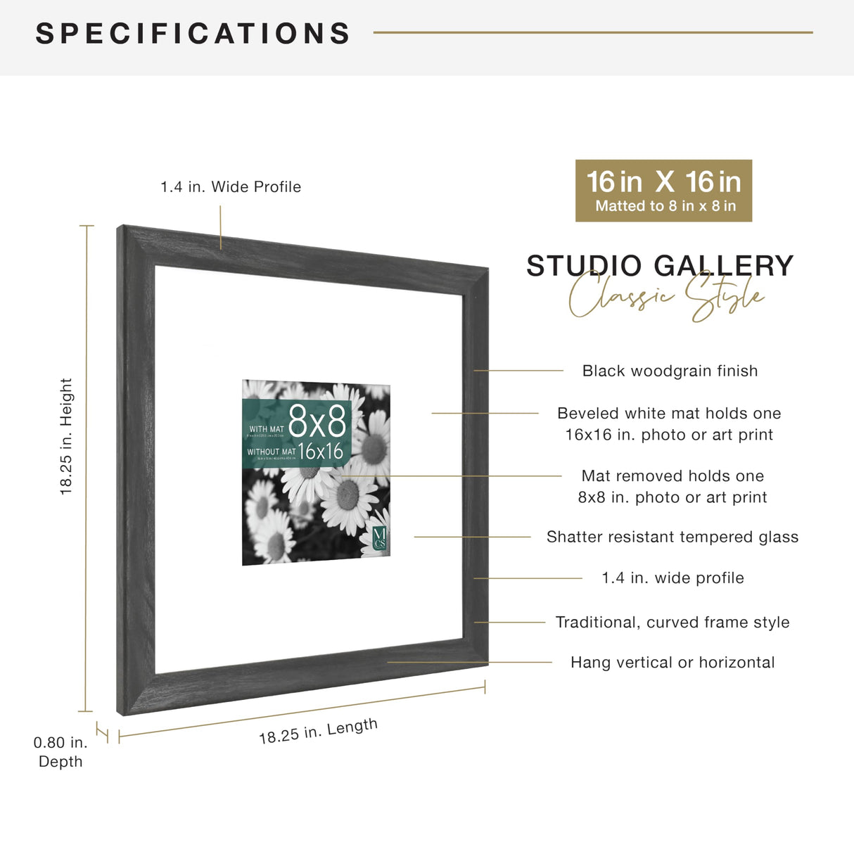 MCS Studio Gallery Classic 16x16 Picture Frame Black Woodgrain, Vertical & Horizontal Wall Hanging Large Picture Frame for Photos, Posters & Art Prints (1-Pack) MCS