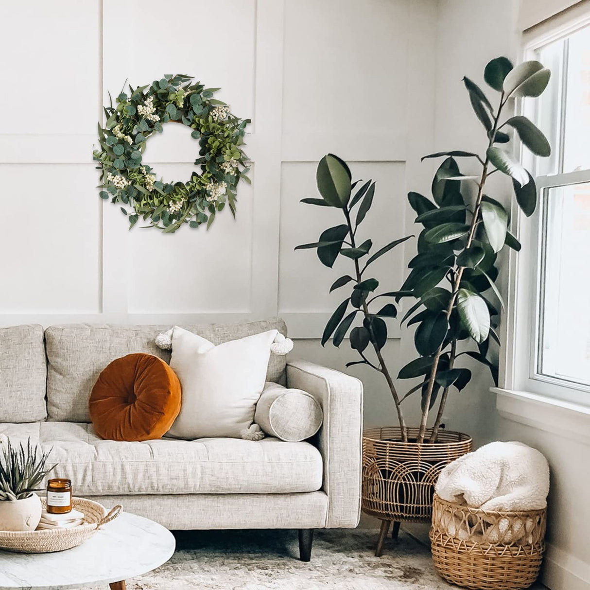 TEMPUS 20-Inch Artificial Eucalyptus Wreath Handmade Spring Summer Door Hanging, Farmhouse Wall Decor, Wedding Gift, Outdoor-Friendly Green Leaf Wreath TEMPUS