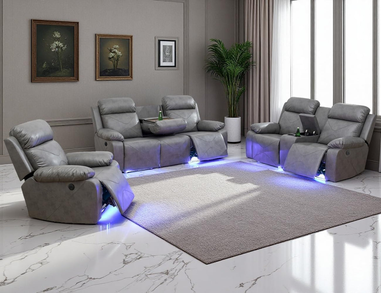 Anthato Power Recliner Sofa Set, Living Room Furniture Sets, 3-Piece Reclining Leather Sofa Loveseat Chair, Living Room Couch Set with Cup Holders/Coffee Table/LED Light for Home Theater/Office,Grey#2 Anthato