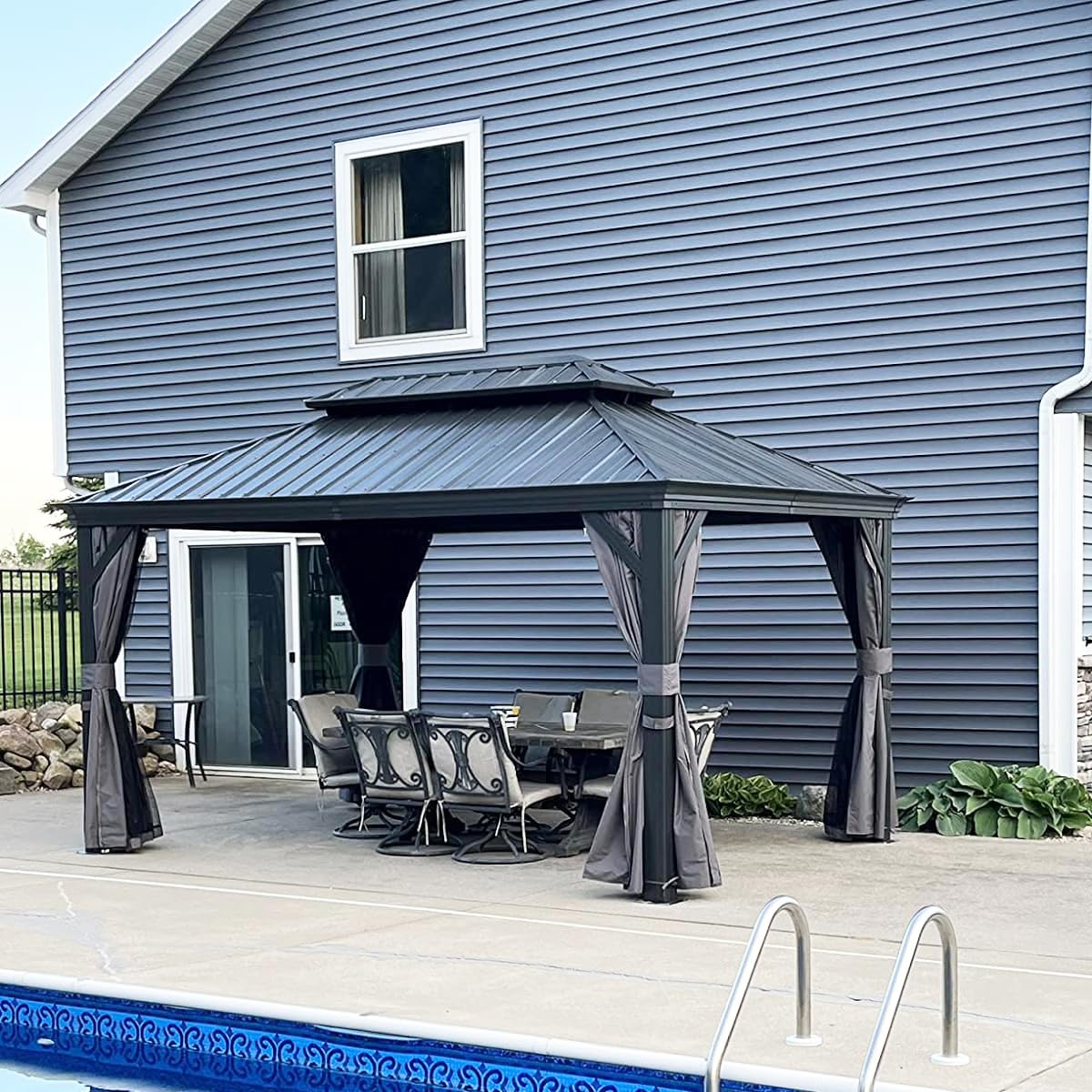 Domi 12'x14' Hardtop Gazebo Canopy,Outdoor Aluminum Gazebo with Galvanized Steel Double Roof,Permanent Gazebo with Drainage System,Curtain and Netting Included,Grey domi outdoor living