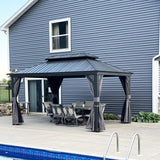 Domi 12'x14' Hardtop Gazebo Canopy,Outdoor Aluminum Gazebo with Galvanized Steel Double Roof,Permanent Gazebo with Drainage System,Curtain and Netting Included,Grey domi outdoor living