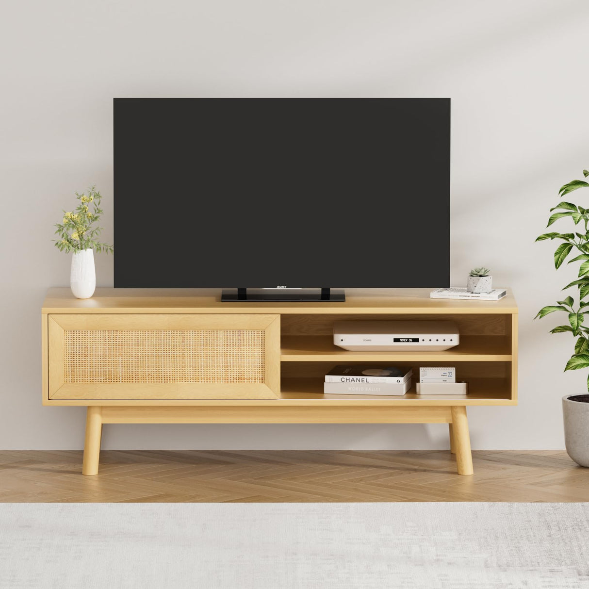 SYESWAY 46.8" Rattan TV Stand Boho TV Stand for up to 55 inches TV Entertainment Center with Natural Rattan Door Mid Century Modern TV Console for Living Room,Bedroom SYESWAY