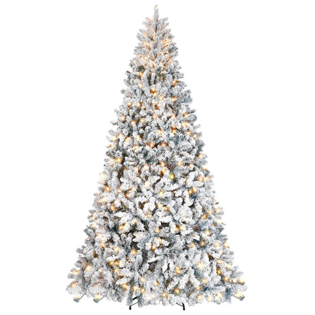 Maylaviu 8 ft Flocked Christmas Tree Prelit, Snow Frosted Artificial Christmas Tree with 700 UL Lights, Pine Cones & 1754 Tips, Auto Hinged Easy Setup Full Prelighted Large Christmas Tree Maylaviu