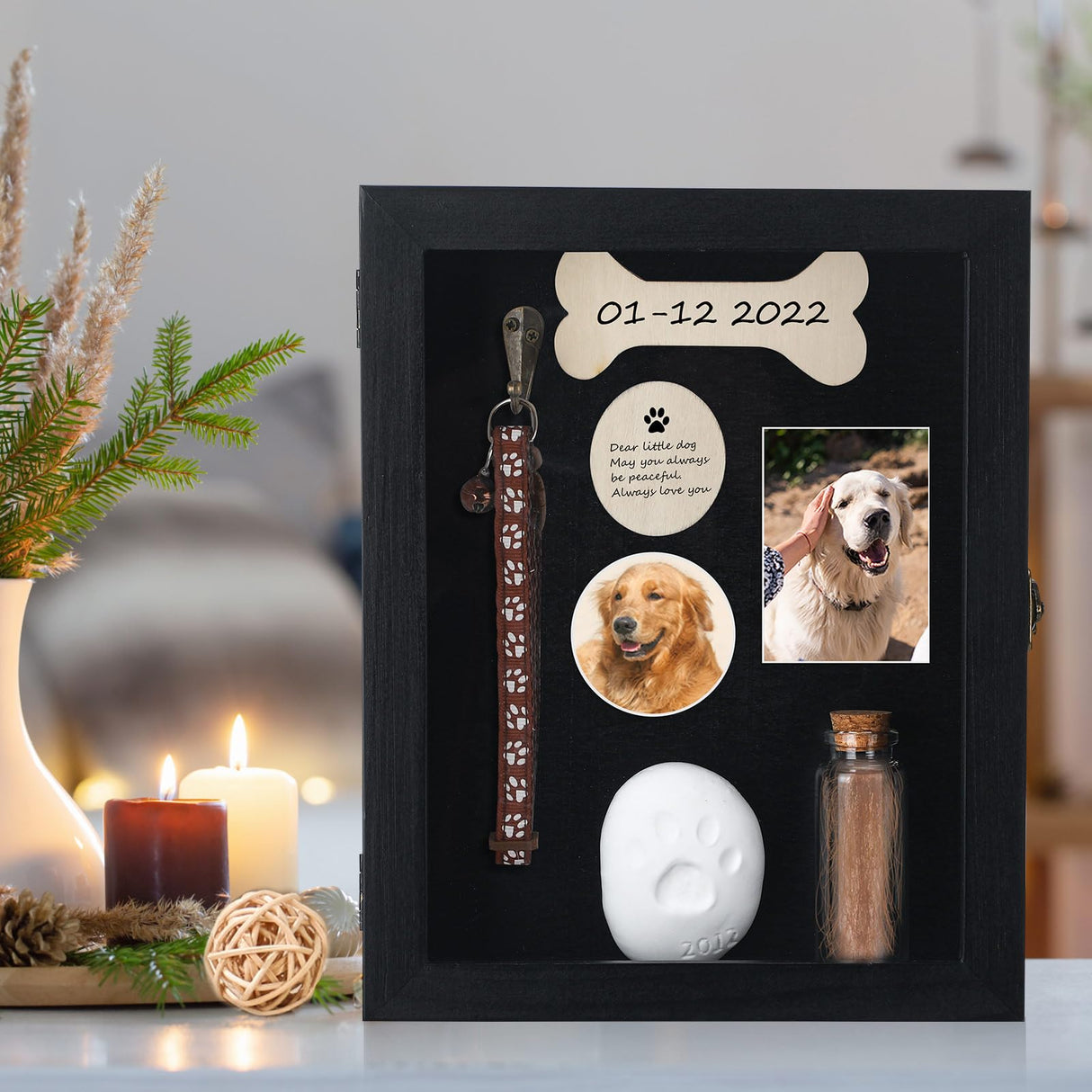 Colingmill Pet Memorial Shadow Box for Dog Cat with Wood Frame Small Bottle Pin Pet Print Kit Wood Frame Urn Ashes Display Case for Loss Dog Remembrance Memory Keepsake(Black,8 x 10 Inch) Colingmill