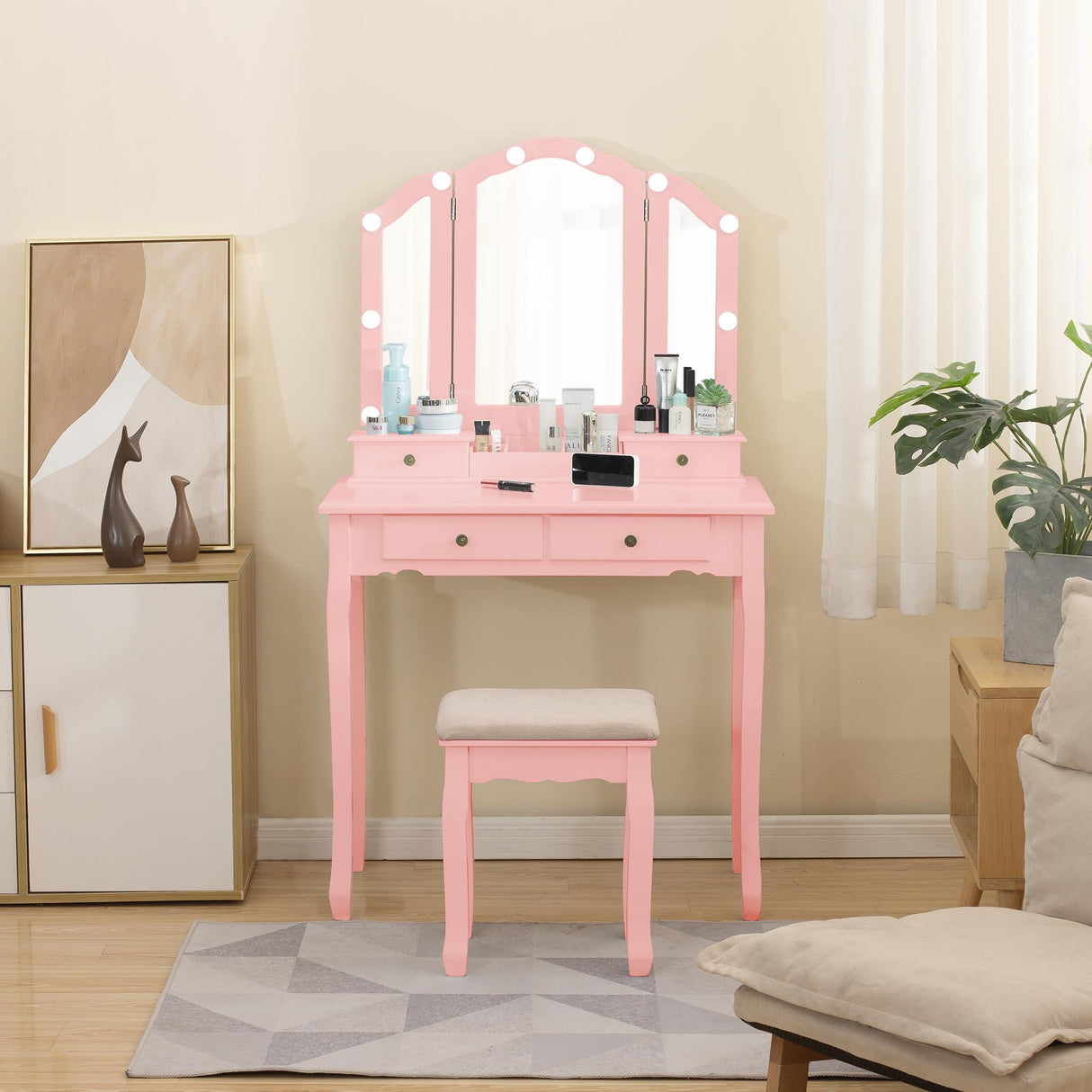 LilyFantasy Vanity Table, Makeup Vanity Table with Lighted Mirror, Vanity Set with Padded Stool, Tri-Fold Bedroom Vanity, 4 Drawers, 2 Open Compartments, Pink Finish LilyFantasy