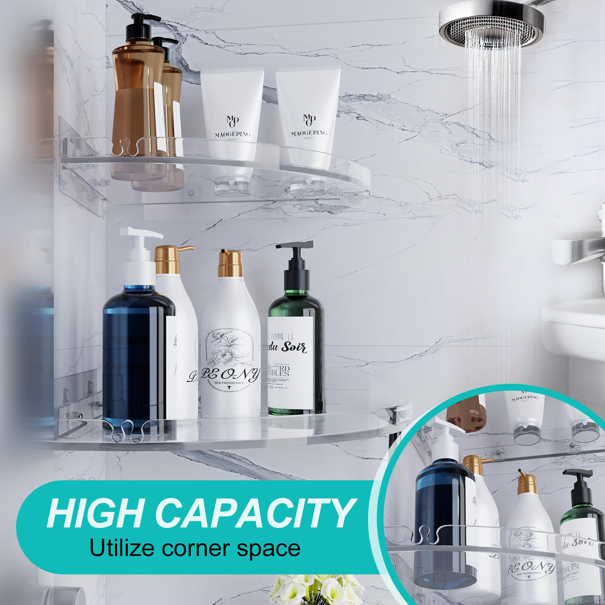 YAWSOUP Acrylic Corner Shower Shelves,Adhesive Shower Caddy Organizer for Bathroom Storage Home Decor,Clear, RustProof, No Drilling Bathroom Wall Shelf,2-Pack YAWSOUP