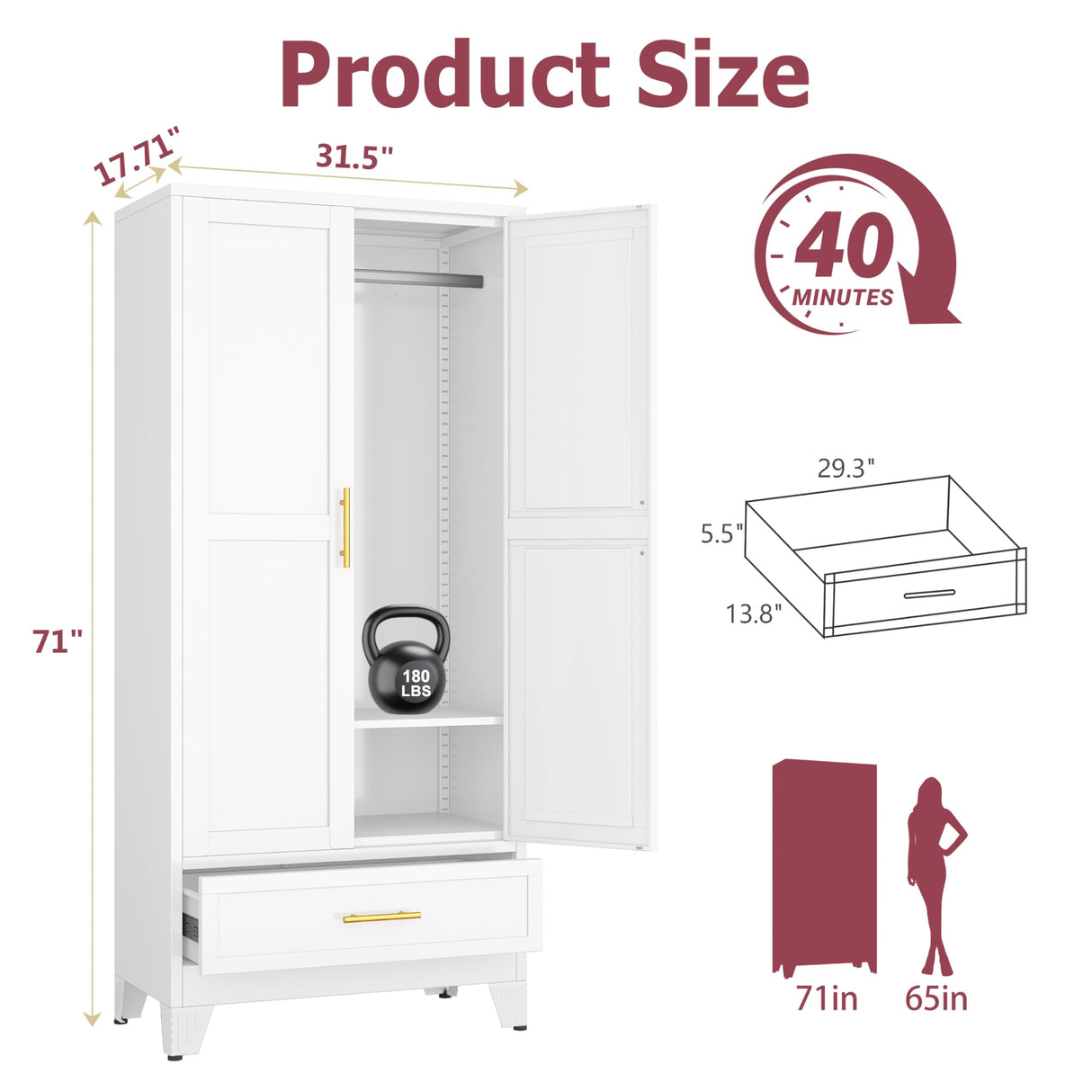 GAIOUS Steel Armoire Wardrobe Closet with 2 Doors, 71" Household Wardrobe Cabinet with Hanging Rod and Drawers, Metal Clothing Storage Cabinet with Adjustable Shelf for Bedroom, Cloak Room, Gym(White) GAIOUS