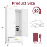 GAIOUS Steel Armoire Wardrobe Closet with 2 Doors, 71" Household Wardrobe Cabinet with Hanging Rod and Drawers, Metal Clothing Storage Cabinet with Adjustable Shelf for Bedroom, Cloak Room, Gym(White) GAIOUS