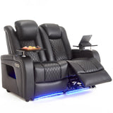 Home Theater Seating LoveSeat with Lighting Armrest, Game Movie Theater Chairs Theater Recliner Sofa with 7 Colors Ambient Lighting, Lumbar Pillow, Side Pocket, Tray Table, Power Recline, Black Airadlis