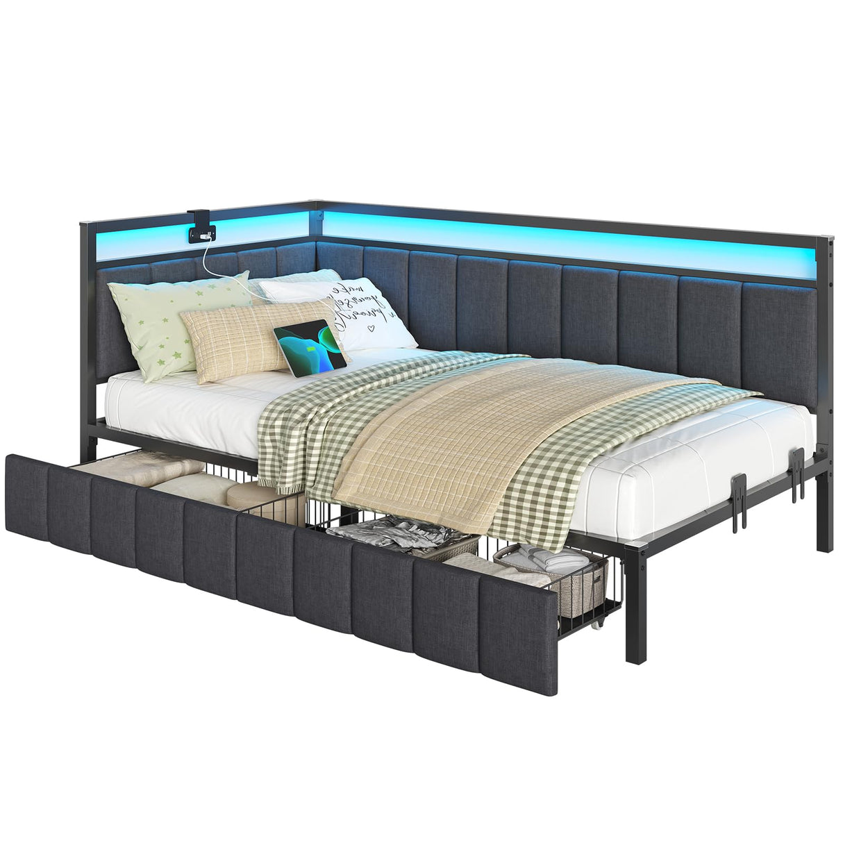 DICTAC Twin Size Bed Frame with 2 Storage Drawers & Charging Station twin Platform Corner Bed Frame with Led Lights Twin Daybed With Upholstered Guardrail for Living Room, Bedroom and Guest Room, Gray DICTAC