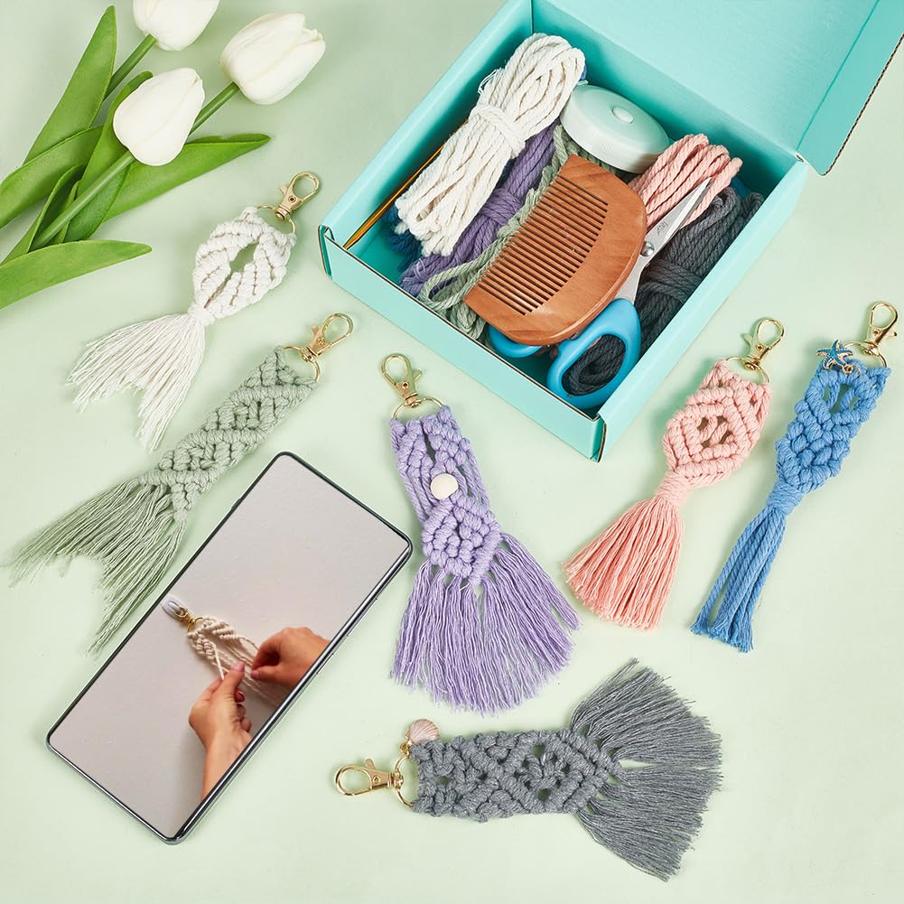 ACRNIGHEET 6PCS Seashell Macrame Keychain Kit for Beginners DIY Boho Macrame Making Kit for Adults Colorful Keychain Macrame Starter Kit for Keys Bags Charms Ocean Macrame Keychain Kit with Video ACRNIGHEET