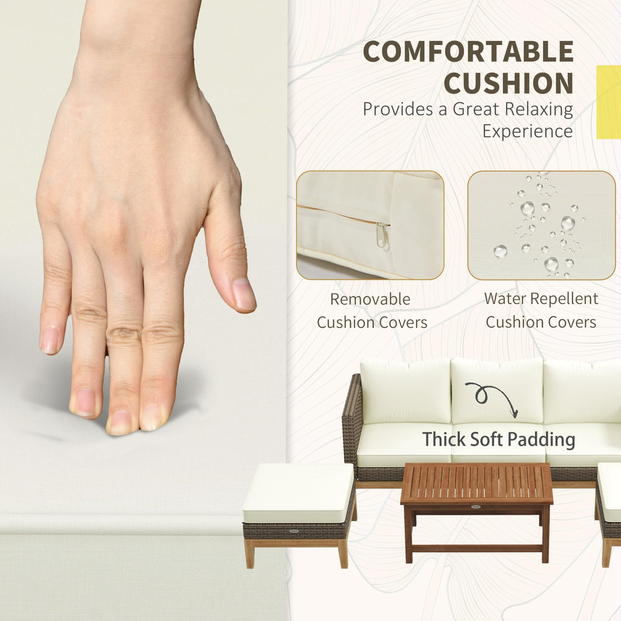 Outsunny Wooden Patio Furniture Set with Thick Padded Cushions, 5-Piece PE Rattan Sectional Sofa with Acacia Wood Top Coffee Table, Outdoor Conversation Set, Cream White Outsunny