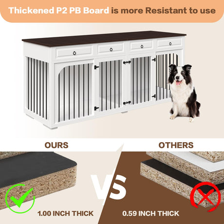 86.6" Extra Large Dog Crate Furniture for Large Breeds,XXXL Wooden Double Dog Crates Kennel Cage Furniture Style TV Stand Side End Table for 2 Dogs with Divider Locks and 4 Drawers,White Pitmoto