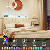 Fameill Queen Size Bed Frame with Storage Headboard and 3 Drawers,Upholstered Platform Bed with Charging Station,Queen Bed Frame with LED Lights,No Box Spring,Beige Fameill