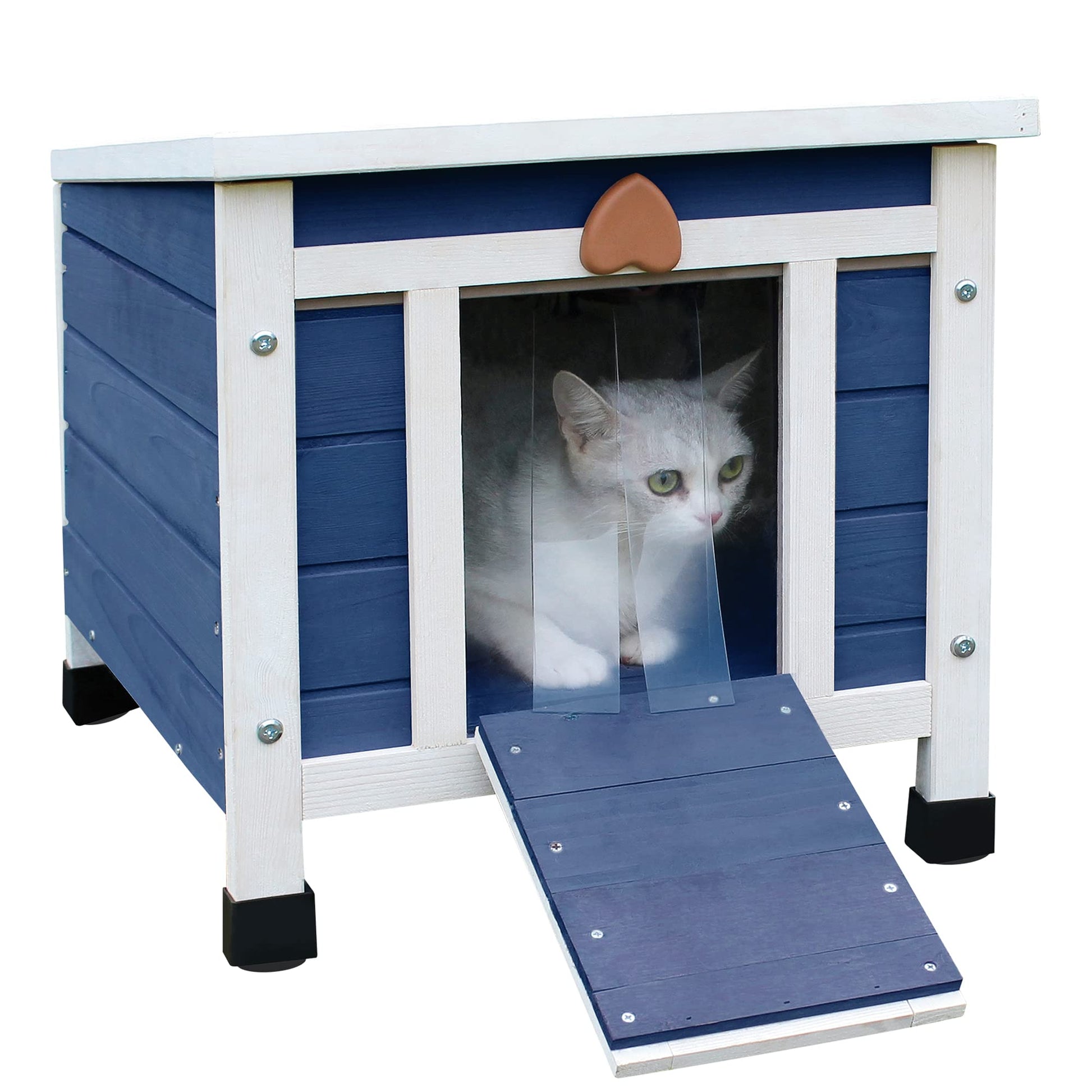 Deblue Cat House for Outdoor Cats, Weatherproof Feral Cat House, Wooden Outside Shelter for Cat, Rabbit and Small Pet Hutch-Navy Blue - WoodArtSupply