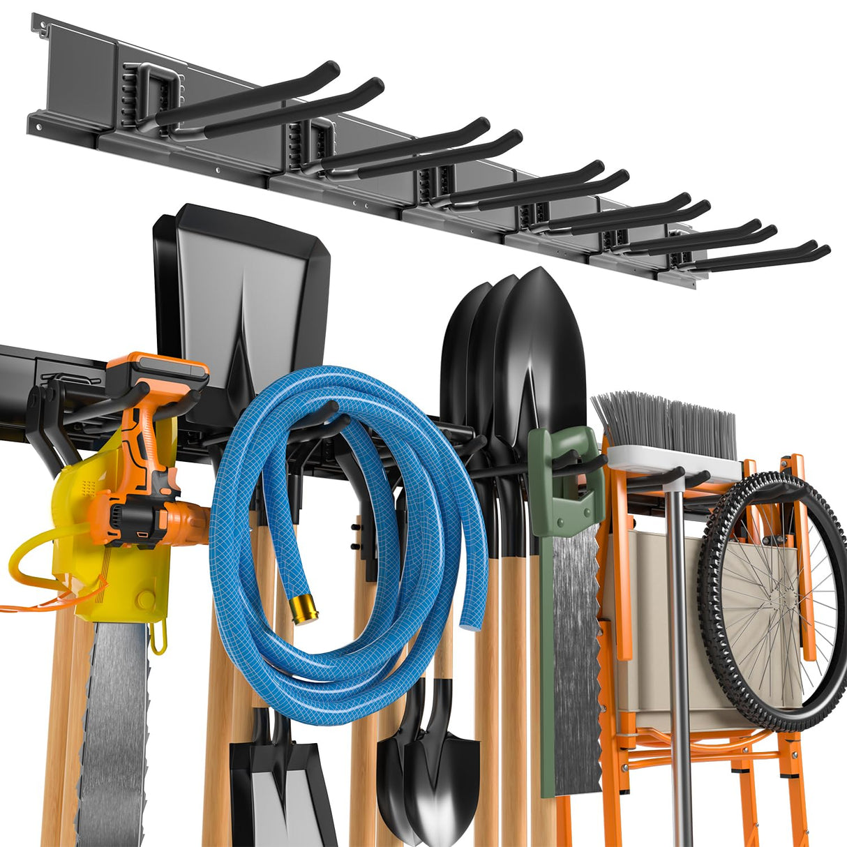 Garage Tool Organizer Wall Mount, 49.5 Inch Garage Organization and Storage Heavy Duty with 3 Packs Rails and 6 Adjustable Hooks, Garden Yard Tool Hanger Rack for Shovel, Max Load 600lbs Solid As Mountain