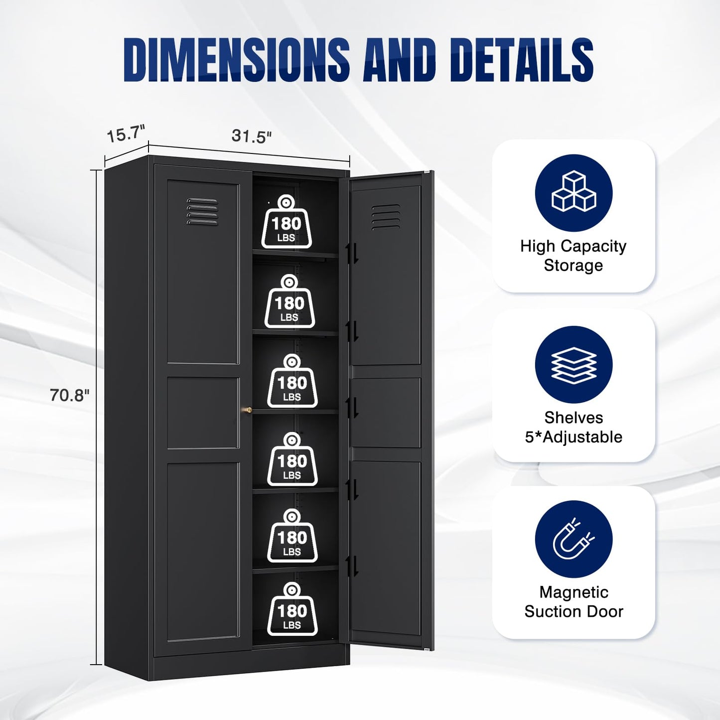 Yizosh Metal Storage Cabinet with 2 Doors and 5 Adjustable Shelves - 71" Black Kitchen Pantry Storage Cabinet, 5-Tier Tall Steel Cabinet Locker for Kitchen, Living Room, Dining Room - WoodArtSupply