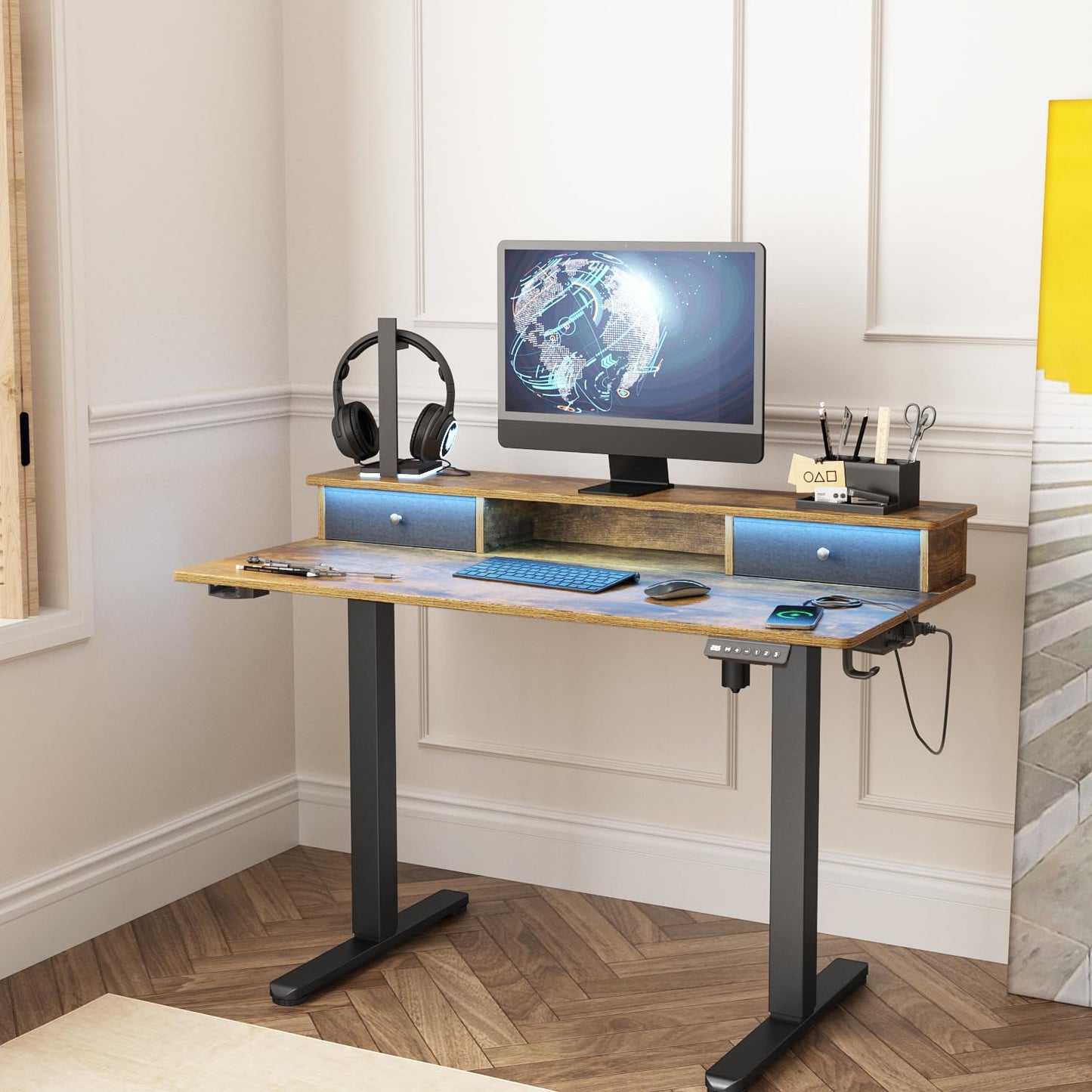 Saedew Electric Adjustable Standing Desk, Sit Stand Desk with Power Outlets & LED Lights 48”Adjustable Height Standing Desk with Drawers Adjustable Table Desk Riser for Home Office - WoodArtSupply