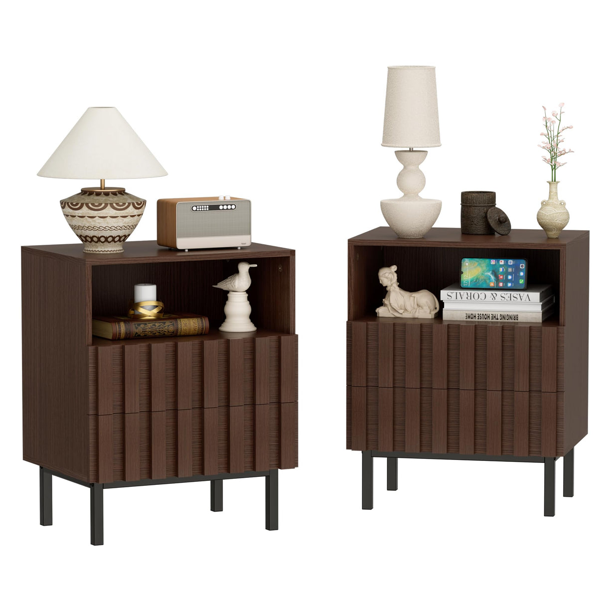 UEV Mid Century Modern Solid Wood Nightstand Set of 2,2 Drawers End Table with Storage Space,Accent Wooden Strip Design Bedside Table for Bedroom, Living Room (Brown, Set of 2) UEV
