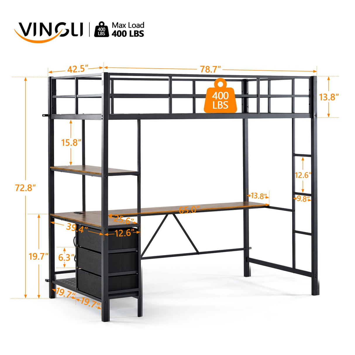 VINGLI Twin Metal Loft Bed Frame with L-Shaped Desk, Charging Station, LED Lights, Storage Shelve & Drawers, Safety Guardrail & Ladder, Bunk Bed for Kids, Teens & Adults, No Box Spring Needed, Black VINGLI