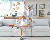 AMERLIFE 114 Inches Modular Sectional Couch, Feather Down Filled Sectional Couch, 4 Seats L Shaped Sofa with Chaise, Ottoman, Cloud Sofa for Living Room Apartment, White Linen AMERLIFE