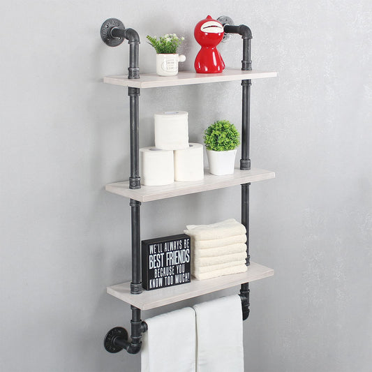 Industrial Pipe Shelf Bathroom Shelves Wall Mounted,19.6in Rustic Wood Shelf with Towel Bar,3 Tier Farmhouse Towel Rack Over Toilet,Pipe Shelving Floating Shelves Towel Holder,Retro White