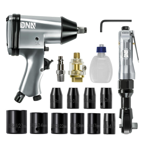 DNA MOTORING 17Pc Air Tool Kit 1/2-Inch Pneumatic Air Impact & Ratchet Wrench Kit Torque Wrench for Repairs, w/Case, Sliver/Black, TOOLS-00530 DNA MOTORING