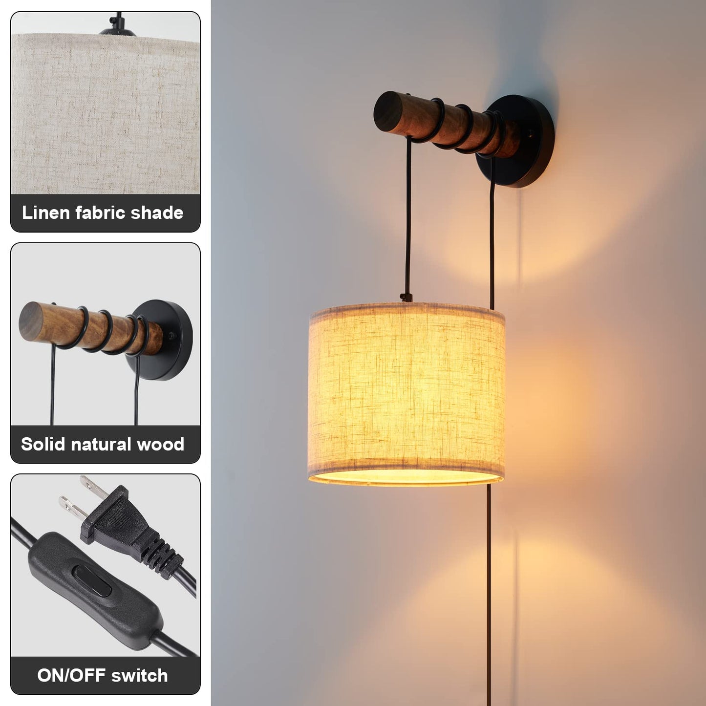 XSDeTu Wall Sconces Set of Two, Plug in Sconces Wall Lighting with Fabric Shade, Farmhouse Wall Lamps with Plug in Cord, Rustic Wall Lights with Wood Arm and On/Off Switch for Bedroom, Living Room