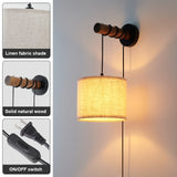 XSDeTu Wall Sconces Set of Two, Plug in Sconces Wall Lighting with Fabric Shade, Farmhouse Wall Lamps with Plug in Cord, Rustic Wall Lights with Wood Arm and On/Off Switch for Bedroom, Living Room XSDeTu