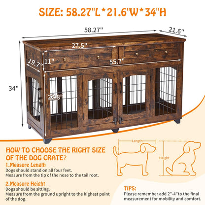 Dog Crate Furniture with 5 Doors, 58" Wooden Dog Kennel End Table with Large Capacity Drawers, Dog House with Openable Divider for Small/Medium/Large Dog,Dog Cage,Side End Table,Rustic Brown - WoodArtSupply