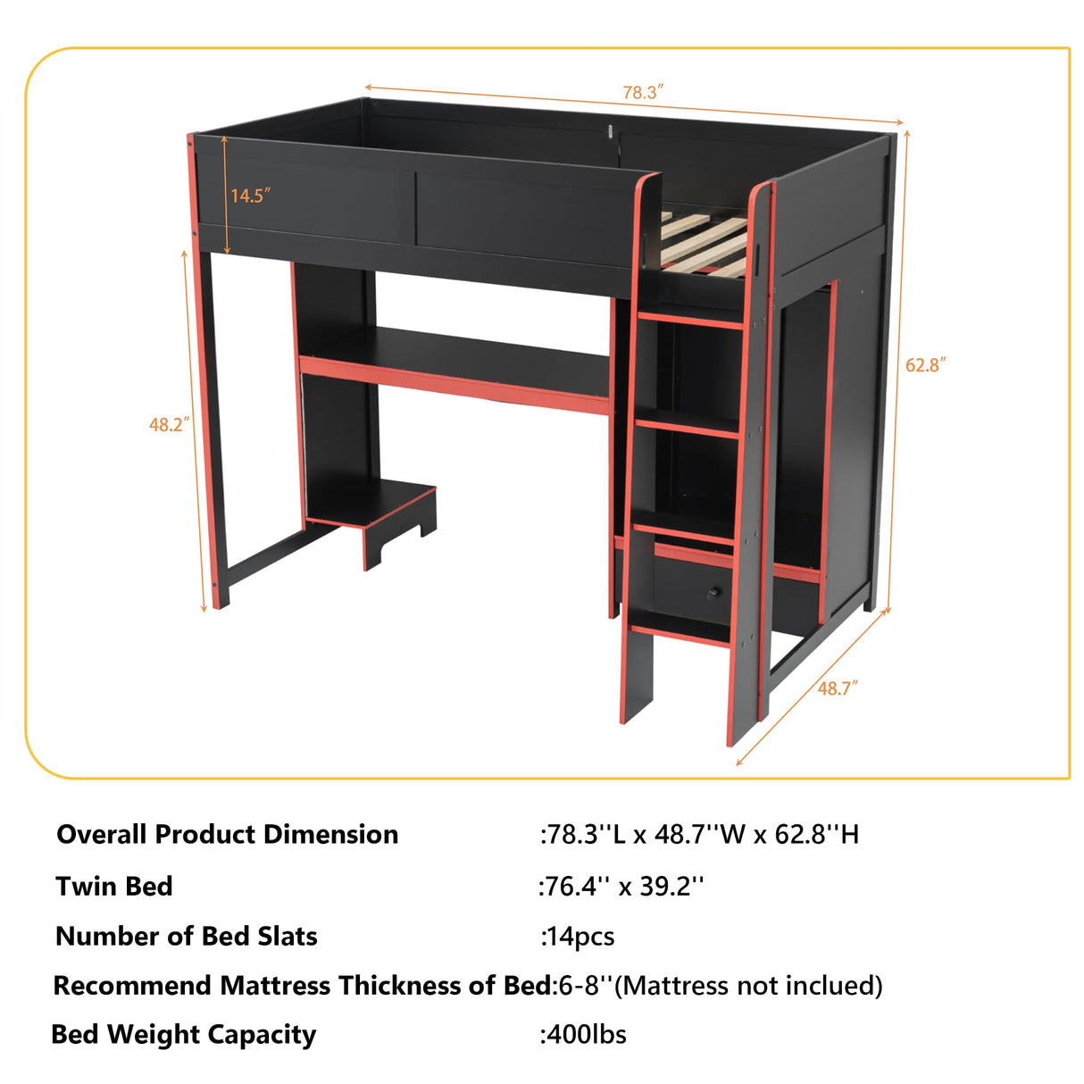 Polibi Twin Size Gaming Loft Bed with Built-in Desk, Wardrobe & LED Lights,Space-Saving Workstation, Storage Drawer,MDF & Pine Wood Frame,No Box Spring Needed,Black Polibi
