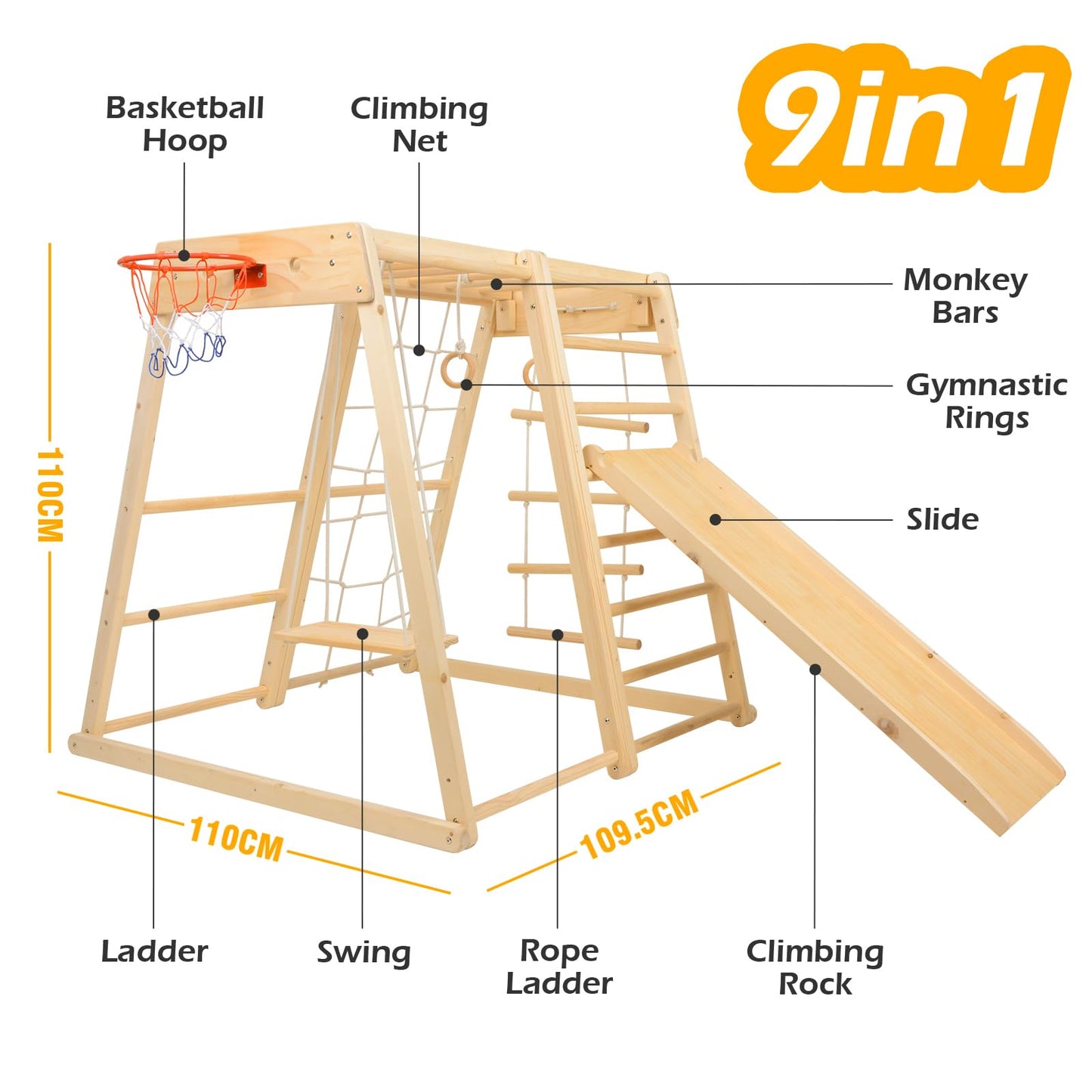 Indoor Playground, Jungle Gym,Toddler Montessori Wood Playset 9-in-1 with Slide, Basketball, Swing, Swedish Ladder, Monkey Bars, Rope Ladder, Rock Wall Dome for Kid Ages 1-6 New