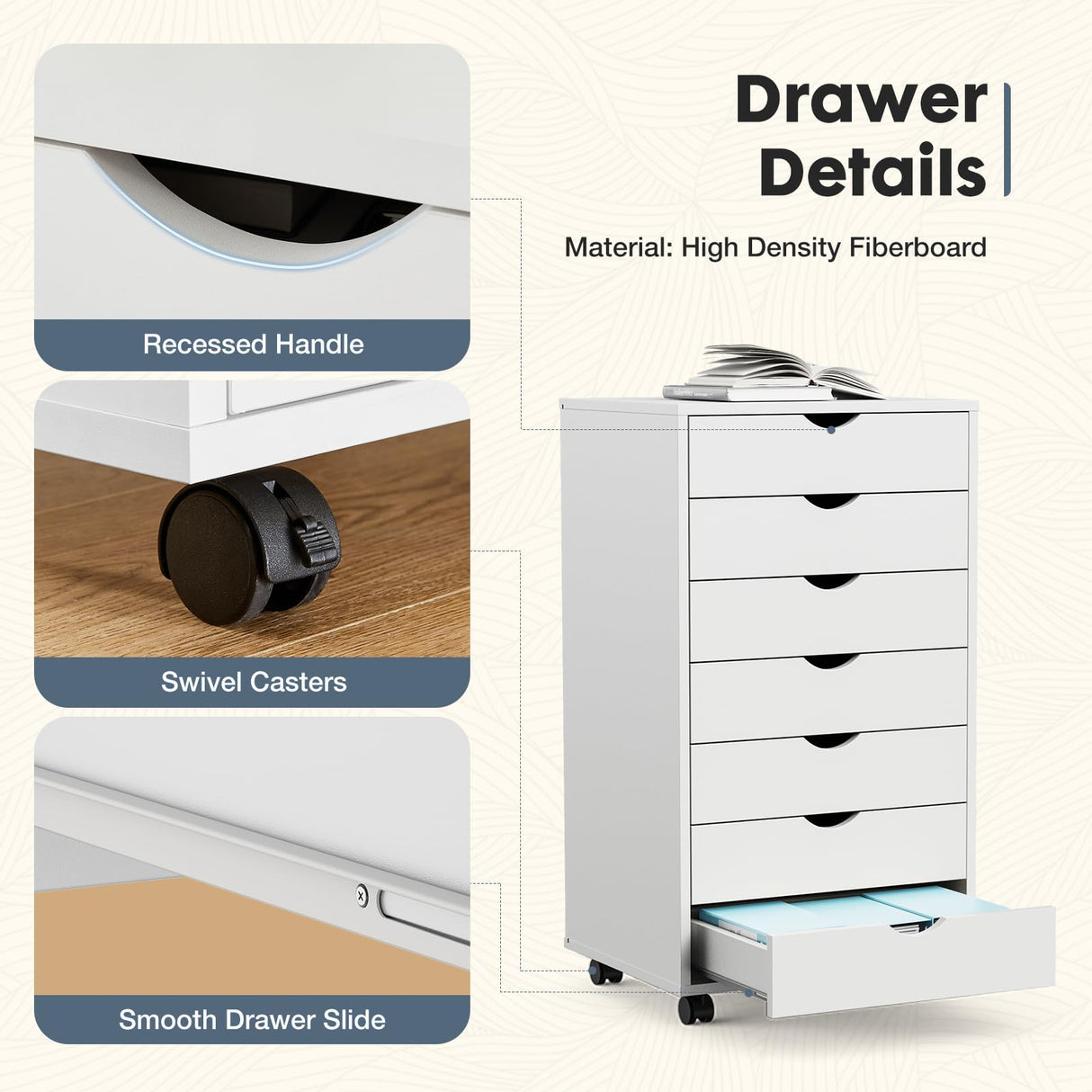 DUMOS 7 Drawer Vertical File Cabinet Mobile Filing Storage Dresser with Wheels Rolling Under Desk Printer Stand Wood Organizer for Office Home Bedroom, White DUMOS