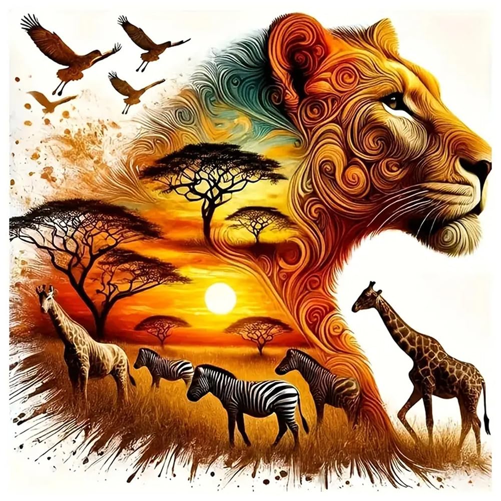 DIADAY Lion Diamond Art Kits for Adults, 5D DIY African Lion Animal Diamond Painting Kits for Beginners, Full Drill Sunset Wildlife Diamond Art, Home Wall Decor Gift, 12x12 Inch DIADAY