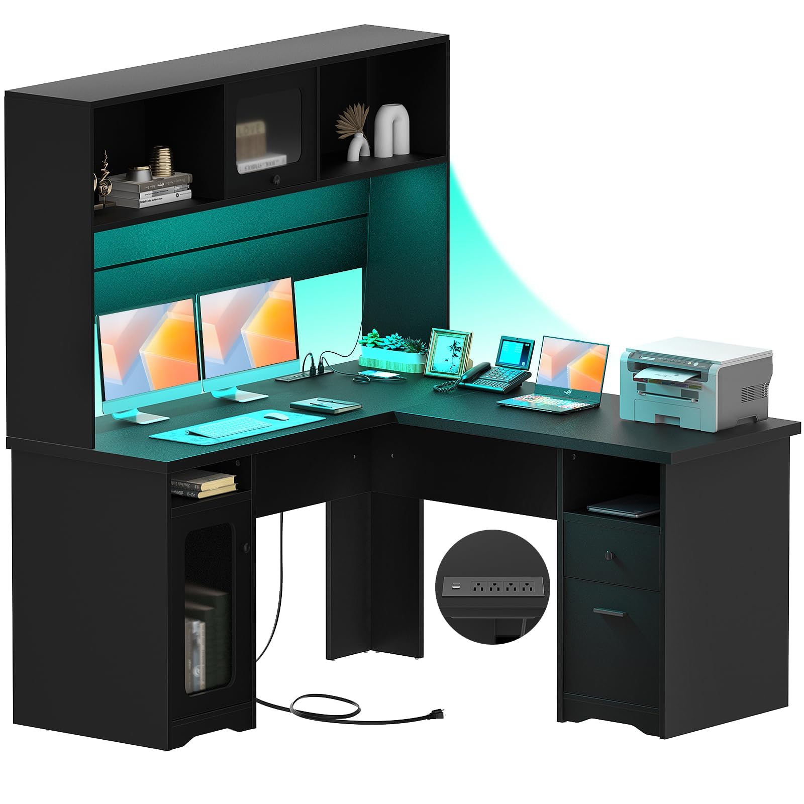 Unikito Office Desk with Drawers and Hutch, Large L Shaped Computer Desks with Power Outlet and LED Lights, 60 Inch Modern Corner Desk with File Cabinets, Sturdy 2 Person Home Office Table, B - WoodArtSupply