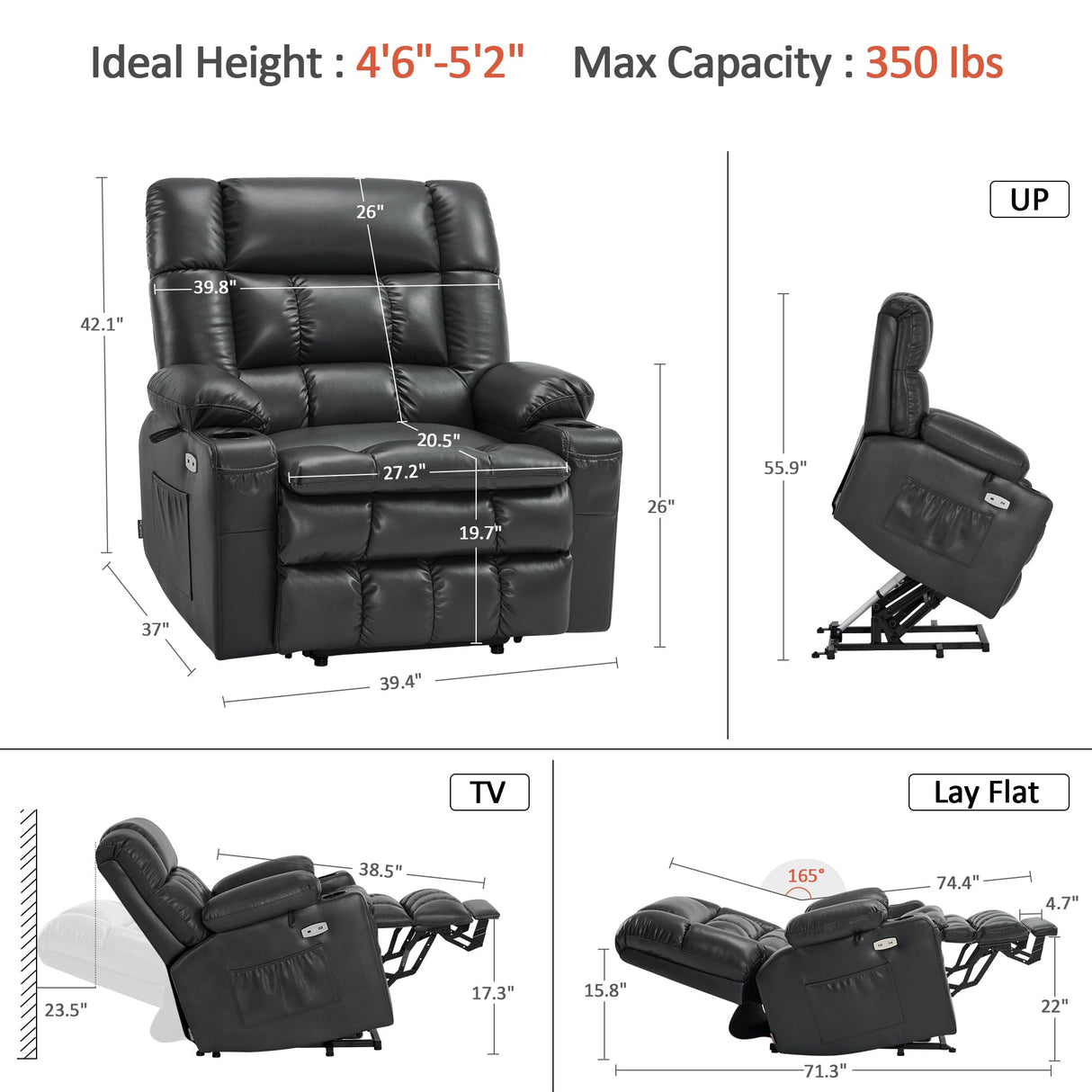MCombo Dual Motor Power Lift Recliner Chair for Elderly, Lay Flat Lift Chair with Heat and Massage, Petite Wide Lift Chair, Cup Holders, USB A&C Ports, Faux Leather R7894 (Black, Small-Wide) MCombo