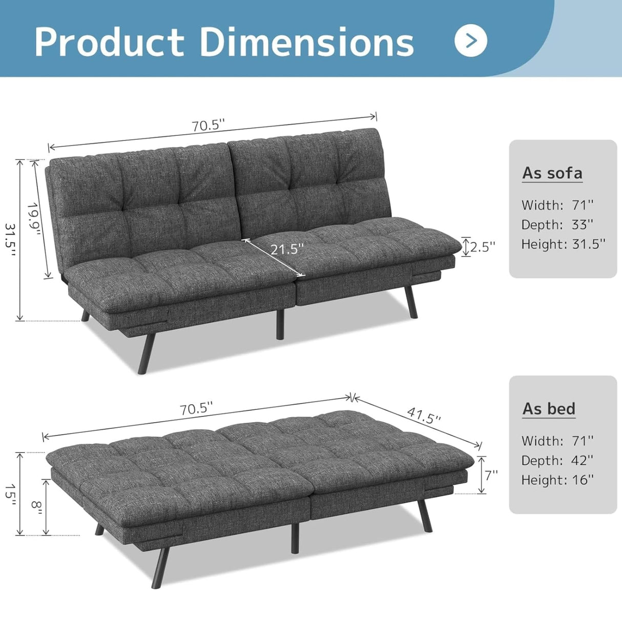 wOod-it Futon Sofa Bed, Memory Foam Foldable Couch Convertible Loveseat Sleeper Daybed with Adjustable Armrests for Small Space, Studio, Office, Apartment, Compact Living Room, Dark Gray wOod-it